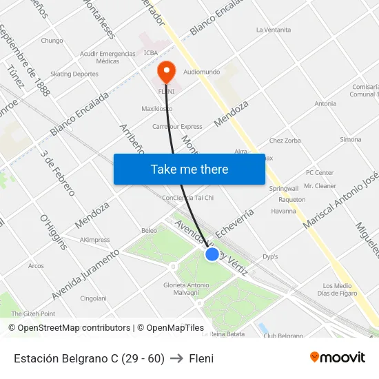 Estación Belgrano C (29 - 60) to Fleni map