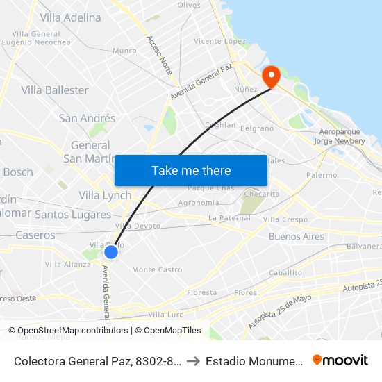 Colectora General Paz, 8302-8310 to Estadio Monumental map