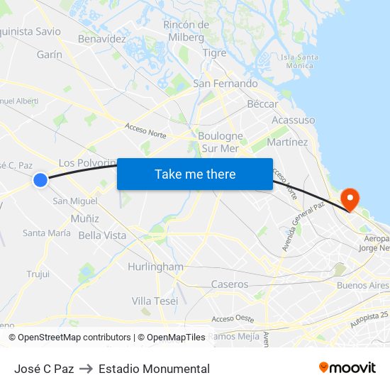 José C Paz to Estadio Monumental map
