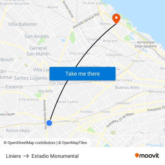 Liniers to Estadio Monumental map