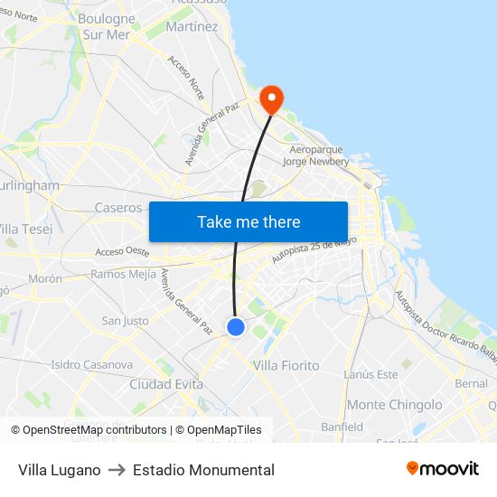 Villa Lugano to Estadio Monumental map