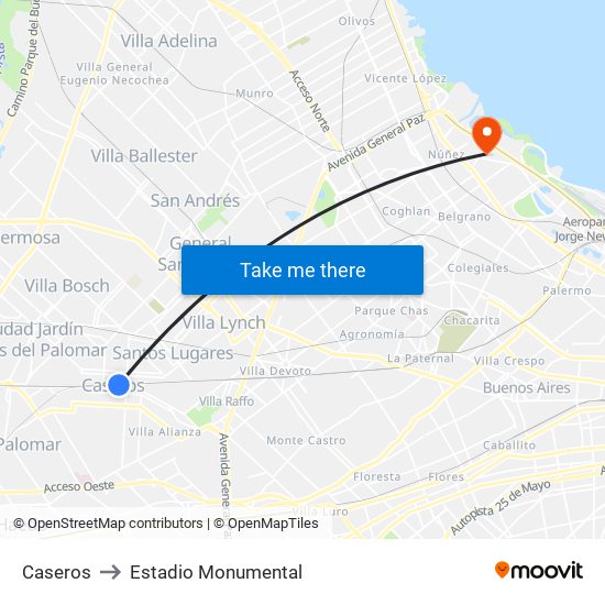 Caseros to Estadio Monumental map