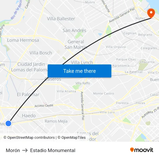 Morón to Estadio Monumental map