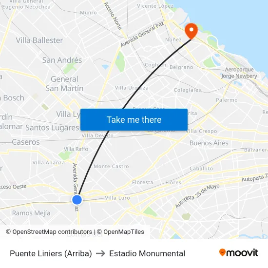 Puente Liniers (Arriba) to Estadio Monumental map