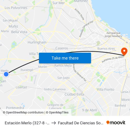 Estación Merlo (327-8 - 392) to Facultad De Ciencias Sociales map