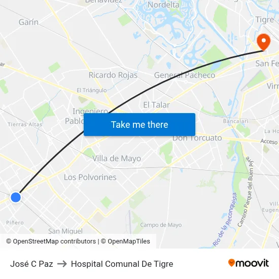 José C Paz to Hospital Comunal De Tigre map