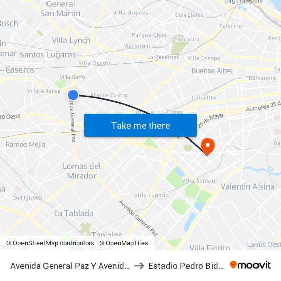 Avenida General Paz Y Avenida Beiró to Estadio Pedro Bidegain map