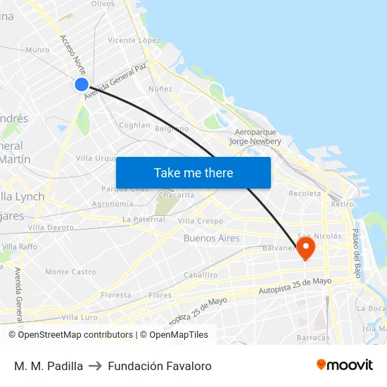 M. M. Padilla to Fundación Favaloro map