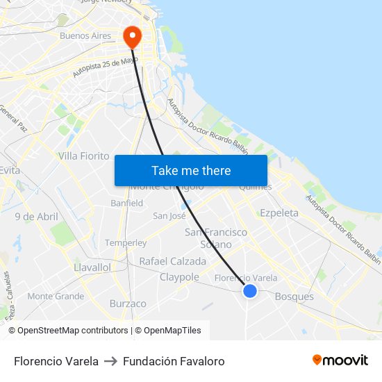 Florencio Varela to Fundación Favaloro map