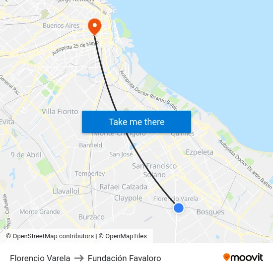 Florencio Varela to Fundación Favaloro map