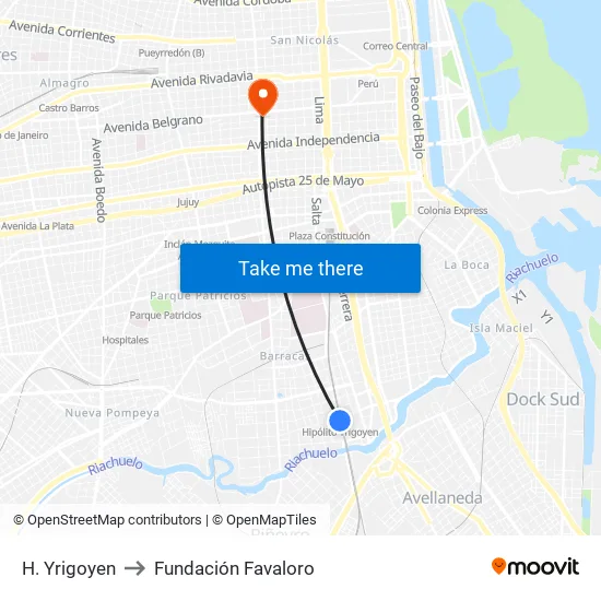 H. Yrigoyen to Fundación Favaloro map