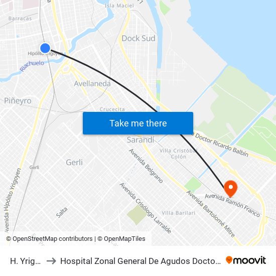 H. Yrigoyen to Hospital Zonal General De Agudos Doctor Eduardo Wilde map