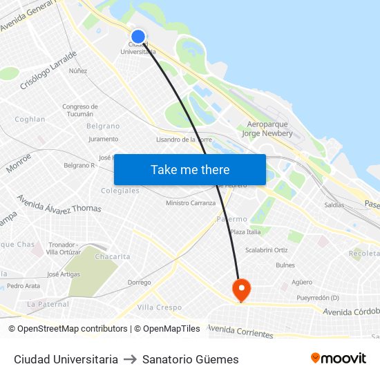 Ciudad Universitaria to Sanatorio Güemes map
