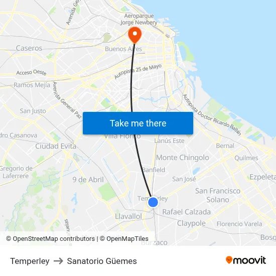 Temperley to Sanatorio Güemes map