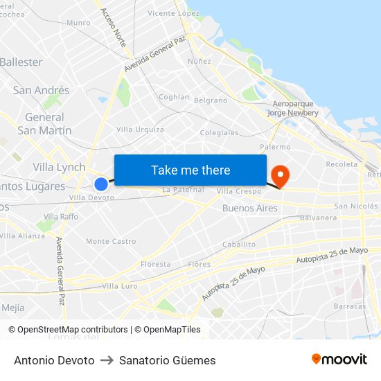 Antonio Devoto to Sanatorio Güemes map