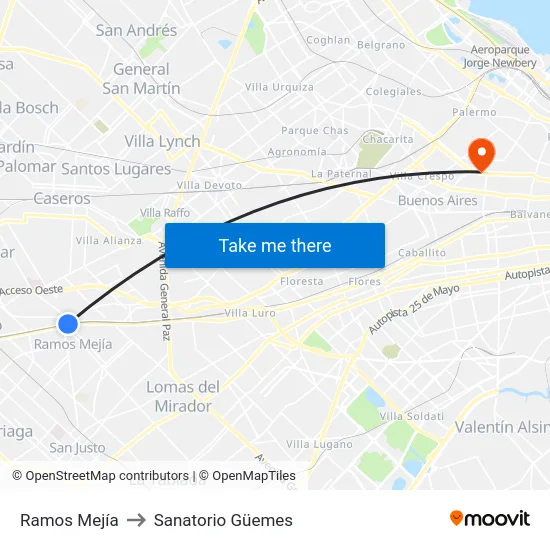 Ramos Mejía to Sanatorio Güemes map