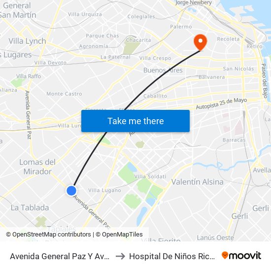 Avenida General Paz Y Avenida Eva Perón to Hospital De Niños Ricardo Gutiérrez map