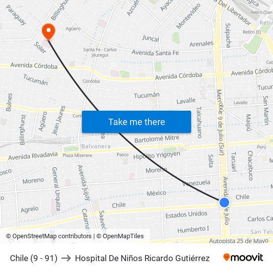 Chile (9 - 91) to Hospital De Niños Ricardo Gutiérrez map