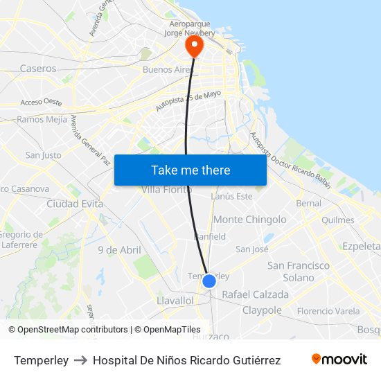 Temperley to Hospital De Niños Ricardo Gutiérrez map