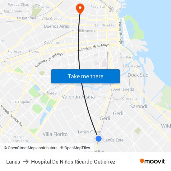 Lanús to Hospital De Niños Ricardo Gutiérrez map