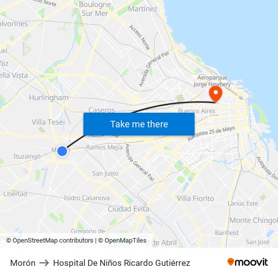 Morón to Hospital De Niños Ricardo Gutiérrez map