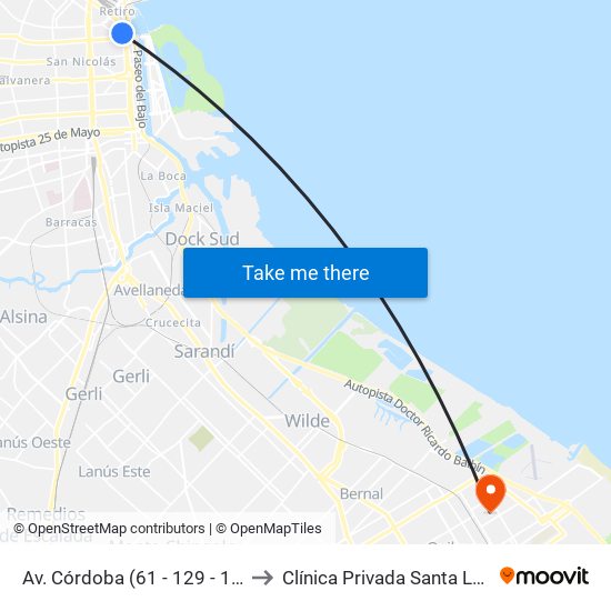 Av. Córdoba (61 - 129 - 152) to Clínica Privada Santa Lucía map