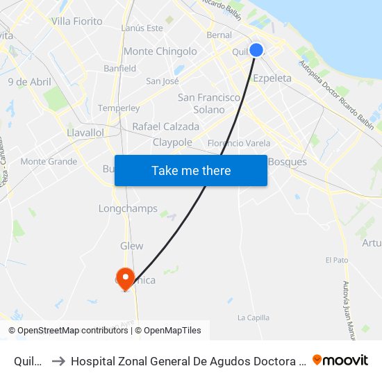 Quilmes to Hospital Zonal General De Agudos Doctora Cecilia Grierson map