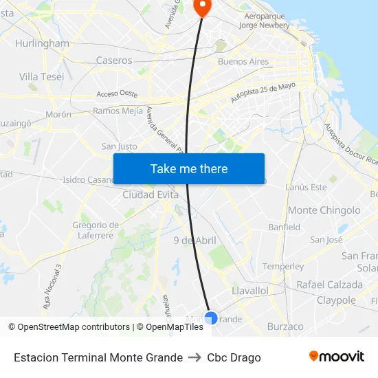 Estacion Terminal Monte Grande to Cbc Drago map