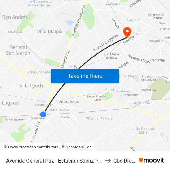 Avenida General Paz - Estación Saenz Peña to Cbc Drago map