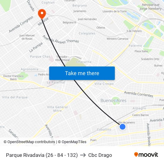 Parque Rivadavia (26 - 84 - 132) to Cbc Drago map
