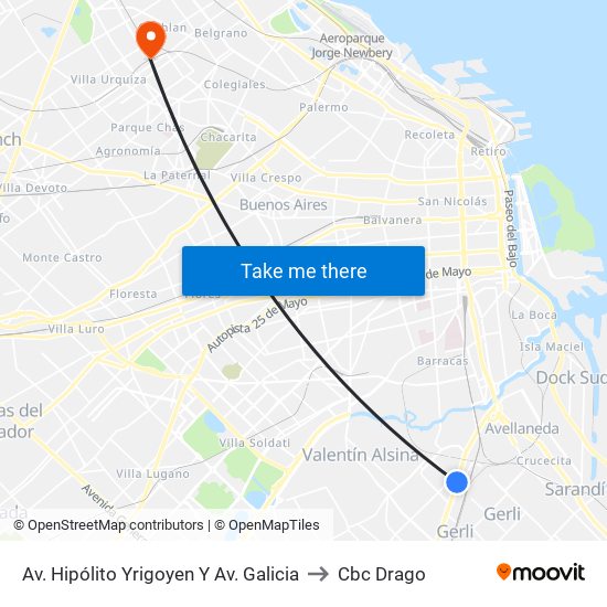 Av. Hipólito Yrigoyen Y Av. Galicia to Cbc Drago map