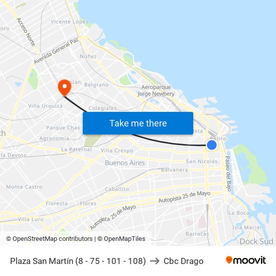 Plaza San Martín (8 - 75 - 101 - 108) to Cbc Drago map