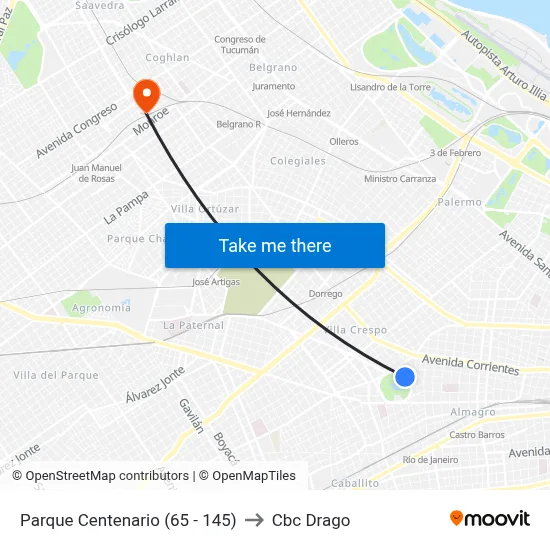 Parque Centenario (65 - 145) to Cbc Drago map