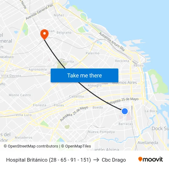 Hospital Británico (28 - 65 - 91 - 151) to Cbc Drago map