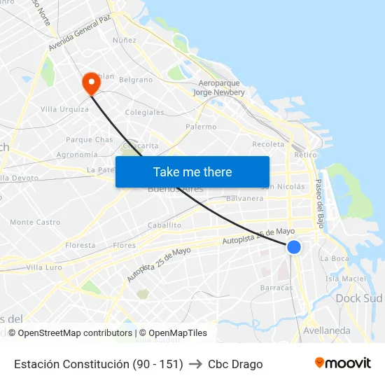 Estación Constitución (90 - 151) to Cbc Drago map