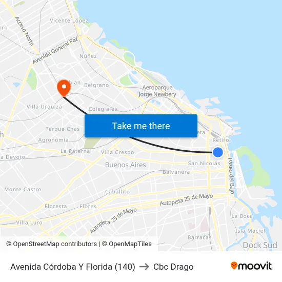 Avenida Córdoba Y Florida (140) to Cbc Drago map