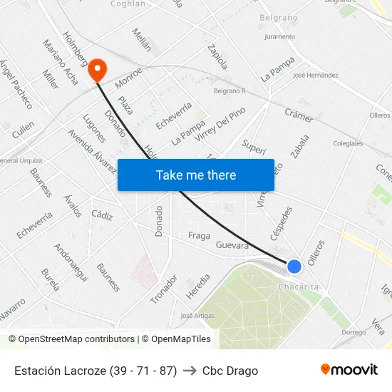 Estación Lacroze (39 - 71 - 87) to Cbc Drago map