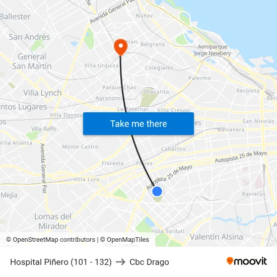 Hospital Piñero (101 - 132) to Cbc Drago map