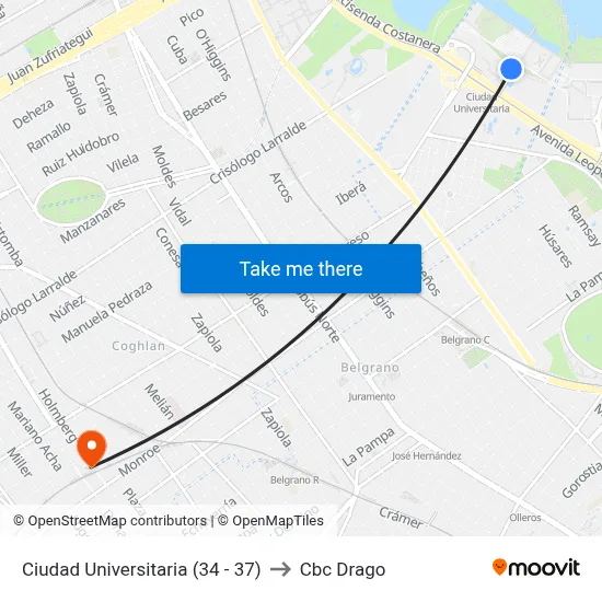 Ciudad Universitaria (34 - 37) to Cbc Drago map