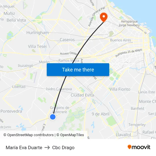 María Eva Duarte to Cbc Drago map