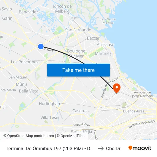 Terminal De Ómnibus 197 (203 Pilar - Del Viso) to Cbc Drago map