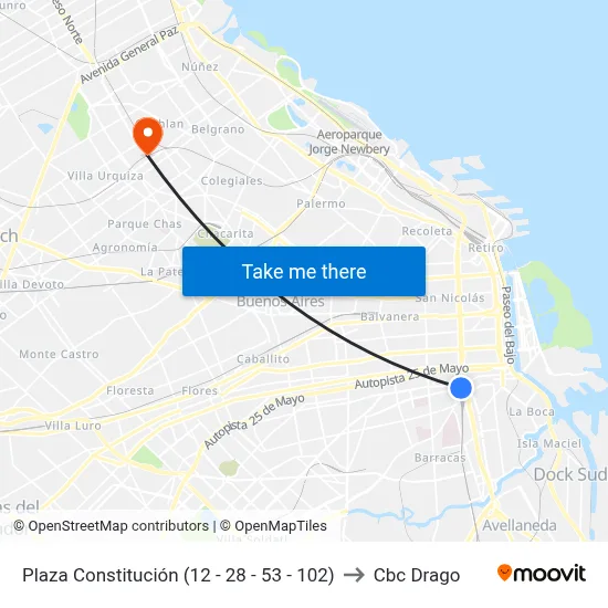 Plaza Constitución (12 - 28 - 53 - 102) to Cbc Drago map