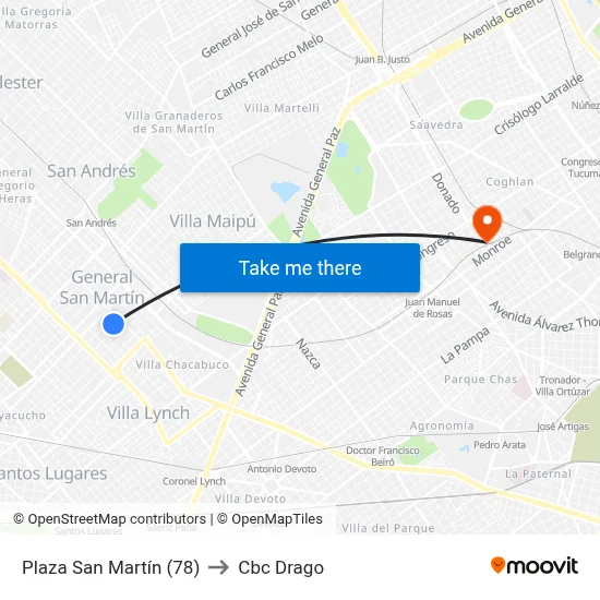 Plaza San Martín (78) to Cbc Drago map