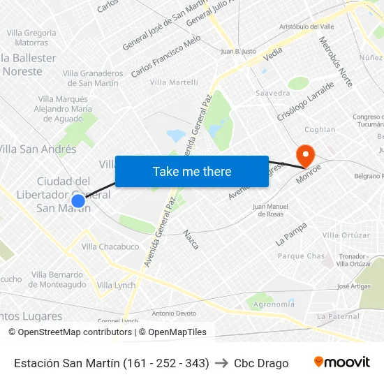 Estación San Martín (161 - 252 - 343) to Cbc Drago map