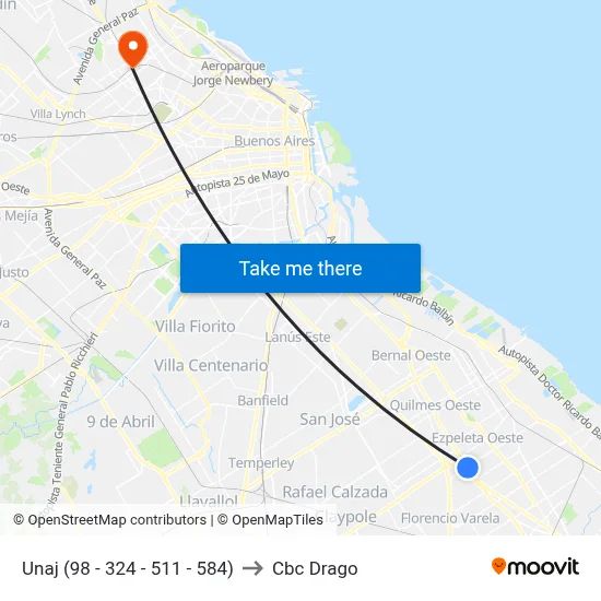 Unaj (98 - 324 - 511 - 584) to Cbc Drago map