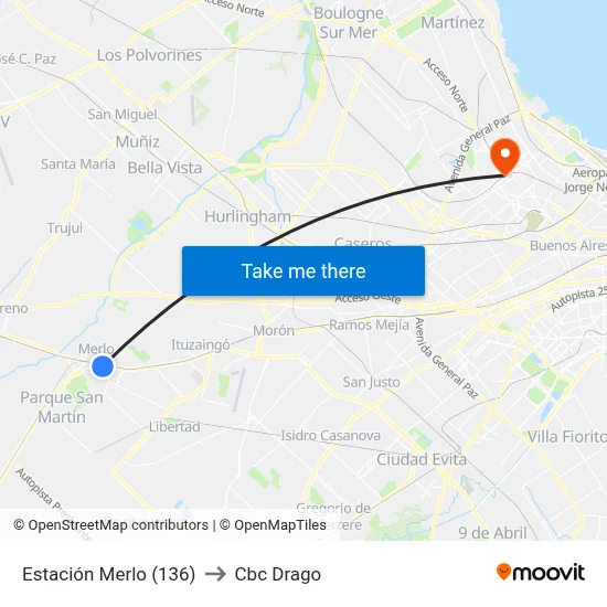 Estación Merlo (136) to Cbc Drago map
