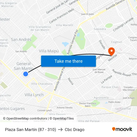 Plaza San Martín (87 - 310) to Cbc Drago map