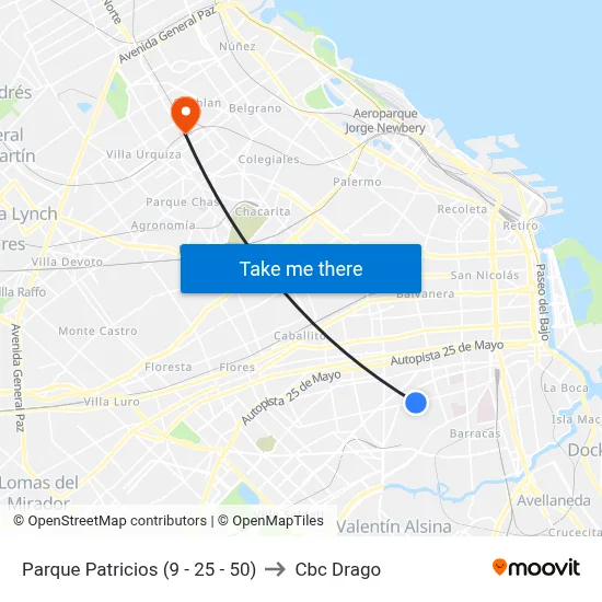 Parque Patricios (9 - 25 - 50) to Cbc Drago map