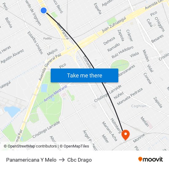 Panamericana Y Melo to Cbc Drago map