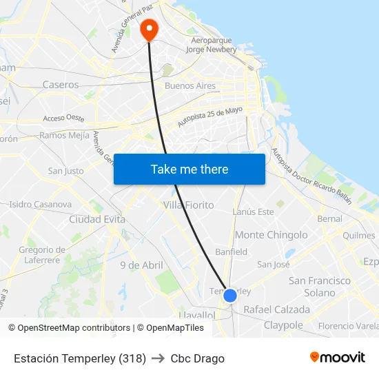 Estación Temperley (318) to Cbc Drago map